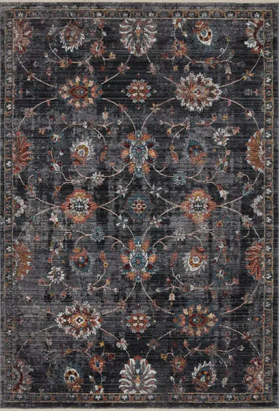 Full top-down view of Samra Traditional Rug displaying charcoal base with multicolor detailed floral motifs and borders