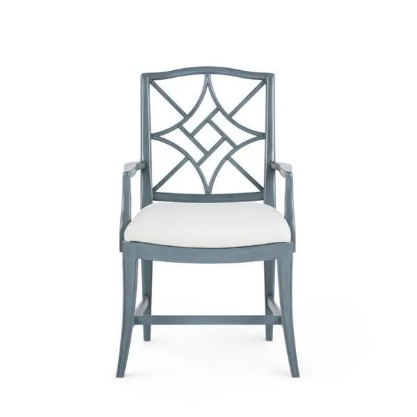 Front view showing symmetrical chinoiserie backrest and armrests of the blue lacquered Evelyn Armchair