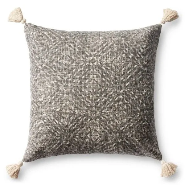 Square charcoal pillow with tasseled corners and subtle woven geometric pattern in neutral tones