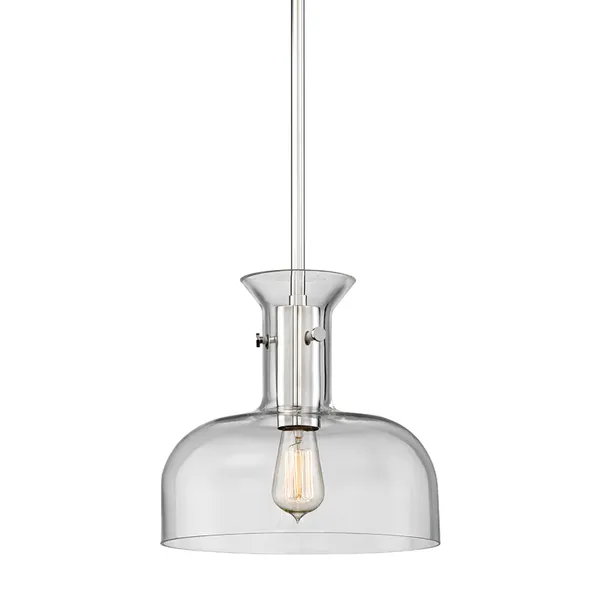 vintage-inspired Coffey 1 Light Pendant with clear bell-shaped glass shade and polished nickel hardware