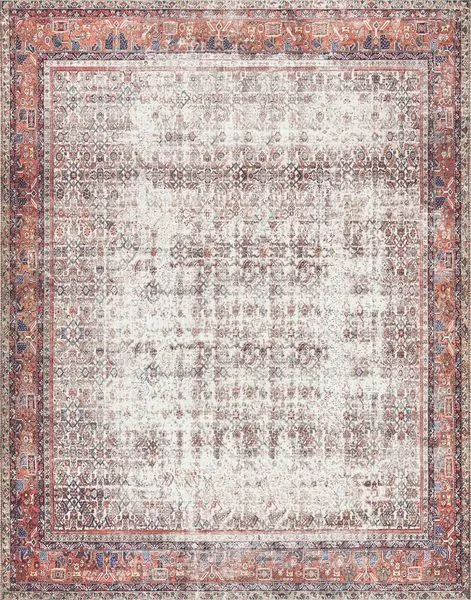 Layla Ivory Brick Rug with traditional faded ivory center and brick red ornate border featuring blue and beige accents.