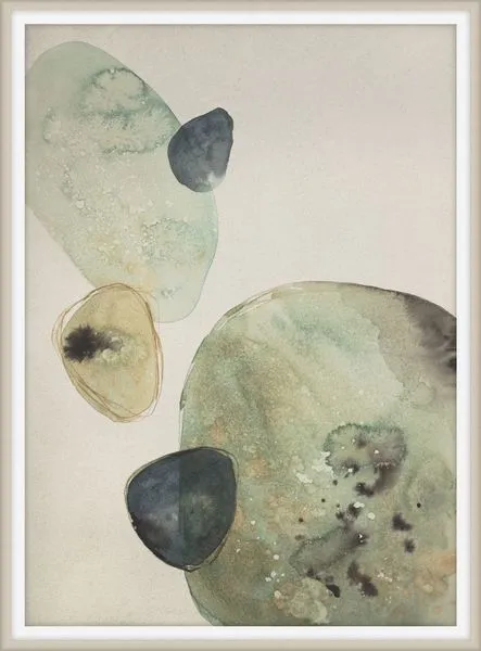 Abstract painting featuring delicate organic shapes in soft greens and earthy tones with watercolor texture