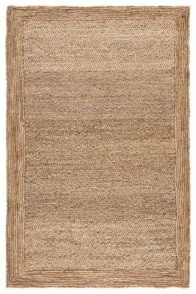 Rectangular natural jute area rug in solid beige with a rectangular border and woven horizontal weave
