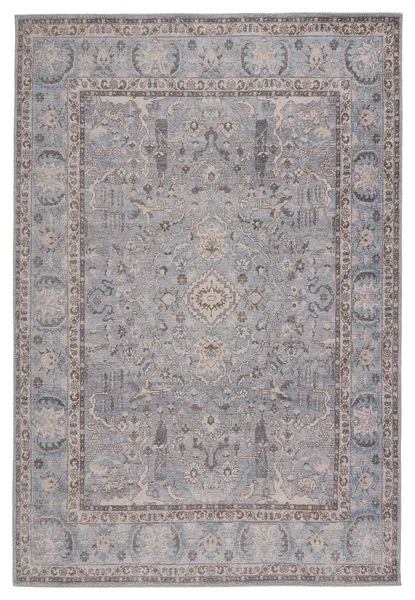 Traditional low-pile rug with a blue and gray color palette and classic center medallion pattern