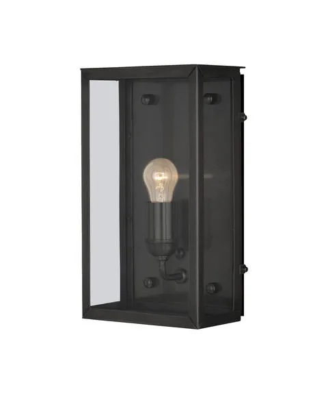 Royster Outdoor Wall Sconce in matte black brass with industrial design and clear glass panels