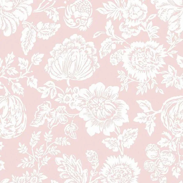 Rachel Ashwell Stipple Wallpaper with white floral woodblock print on soft pink background