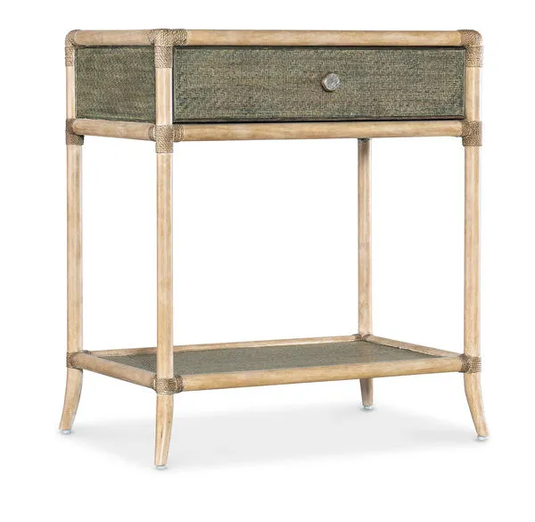 Retreat Pole Rattan Bedside Table with seagrass green painted raffia drawer and shelf, natural maple veneer frame and legs