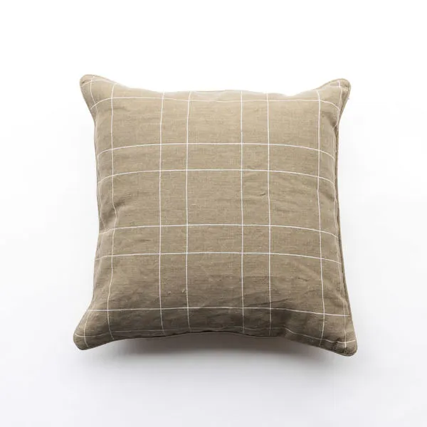 Set of two square pillows with a warm tan and white plaid pattern on textured Belgian flax linen fabric