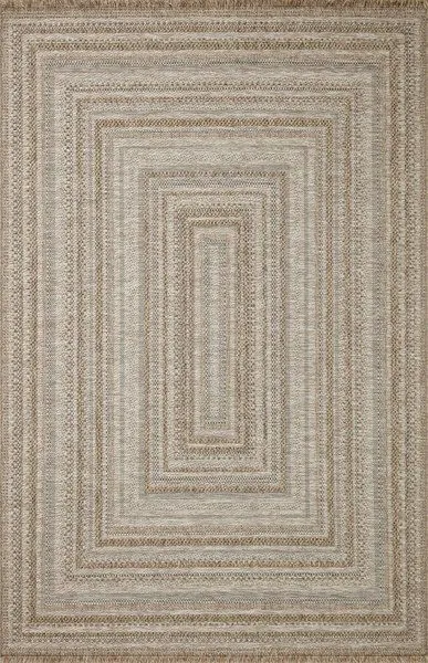 Dawn organic modern natural indoor/outdoor rug with rectangular concentric pattern in tonal beige neutrals and fringe edges