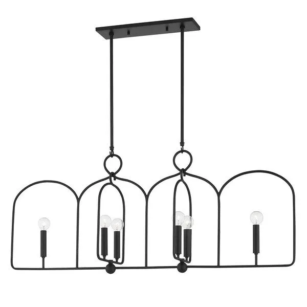 Mallory 6 Light Island Light with black steel six candelabra bulbs inside arched open-frame design hanging from rectangula...