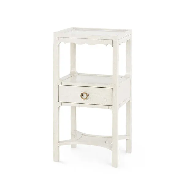Sara 1-Drawer End Table in sailcloth sheen finish with scalloped apron and round brass drawer pull