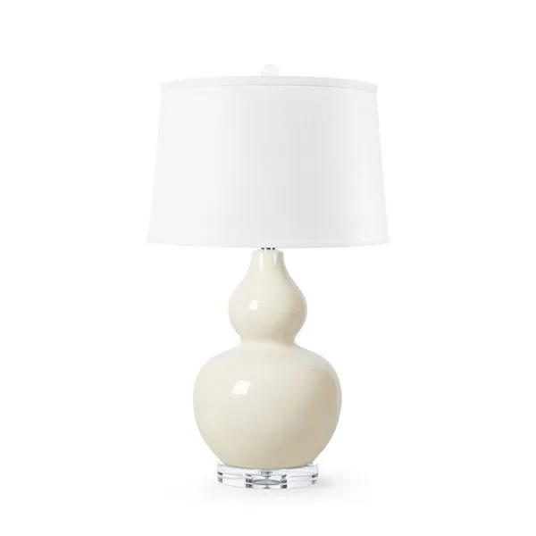 Devon Sand Dollar Lamp with double gourd ceramic base in pale cream crackled glaze and white linen drum shade on clear acr...