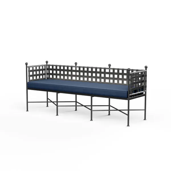 Provence Garden Bench with woven basket weave wrought iron frame in Century Pewter finish and navy 72-inch seat cushion