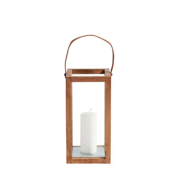 Rectangular outdoor lantern made of recycled teak with clear glass sides and white pillar candle inside, leather strap han...