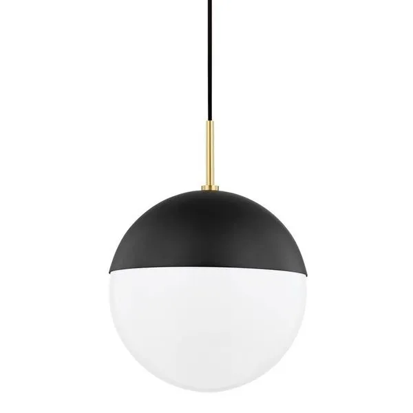 Renee 1 Light Large Pendant with black matte dome top, white glass bottom globe, and brass accent on suspension rod