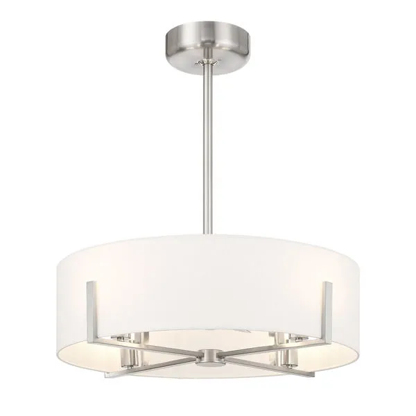 Bottom view highlighting illuminated white fabric shade and satin nickel structure