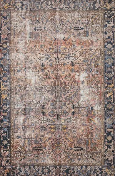 Traditional Jules Terracotta / Multi rug with vintage-inspired geometric and floral motifs in terracotta, blue, and beige ...