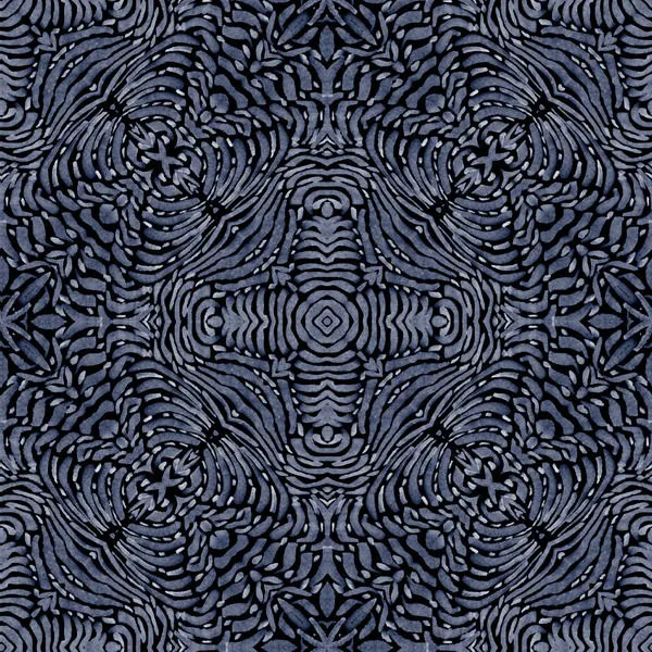blue matte wallpaper with intricate spiral and floral pattern in black accents