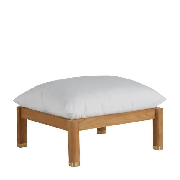 Monterey teak ottoman with light wood frame, square shape, white cushioned top, and brass leg caps