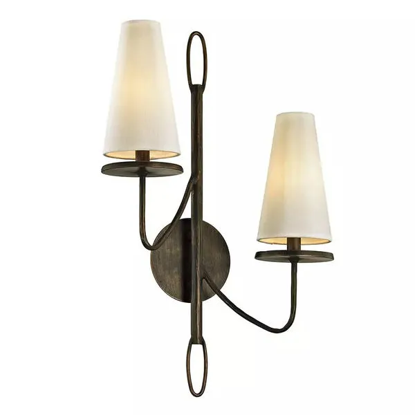 Marcel 2 Light Wall Sconce with bronze metal frame, two curved arms, and tapered white fabric shades