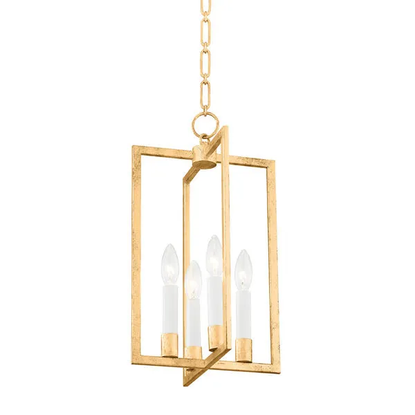 Small pendant light with four candle-style bulbs inside intersecting rectangular gold steel frames