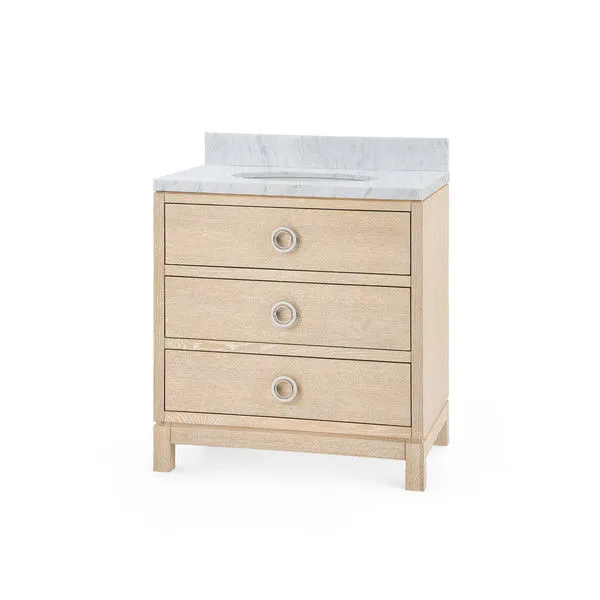 Caspian 2-Drawer Cabinet with clear lacquer cerused oak and polished white Carrara marble top