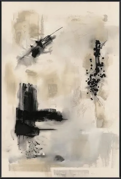 Abstract painting featuring beige and gray watercolor background with bold black brushstrokes and scattered dots.