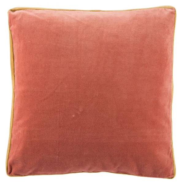 Square throw pillow in solid deep coral velvet with a gold velvet banded edge