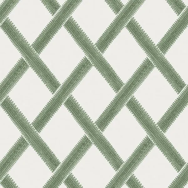 Greenskeeper wallpaper with a green lattice style fence pattern on a white background in apple green colorway