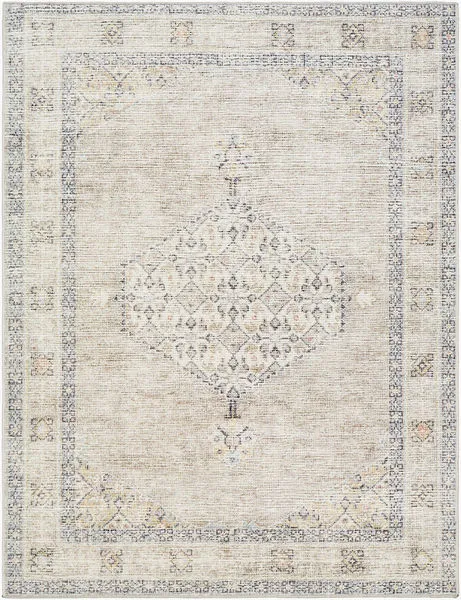 Lila Slate/Amber machine woven rug with central diamond medallion and intricate decorative border in muted slate and amber...