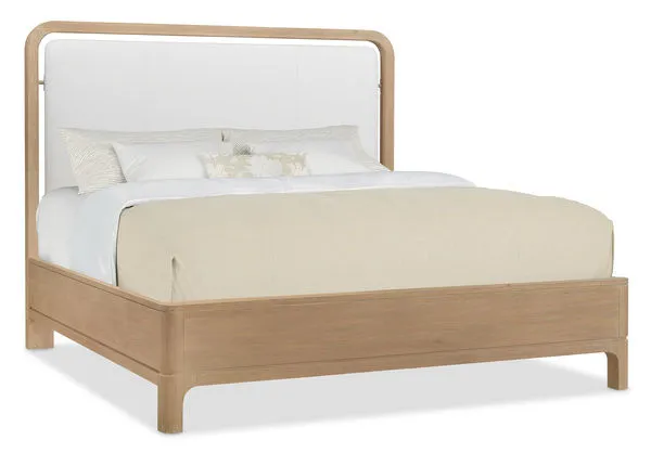 Banyon Bay California King Panel Bed with sunbleached leather upholstered headboard and light desert oak frame