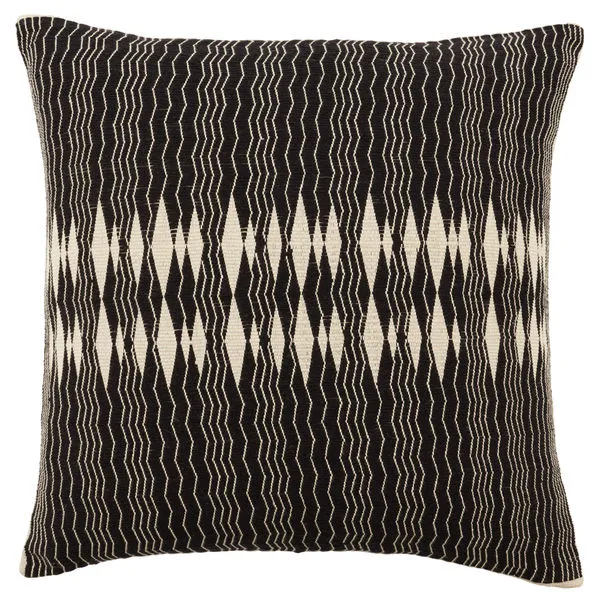 Square pillow with black and ivory geometric tribal patterns using traditional Nagaland weaving techniques