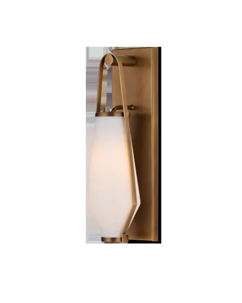 Brompton Brass Bath Wall Sconce with frosted glass shade hanging from curved antique brass metal frame on slim rectangular...