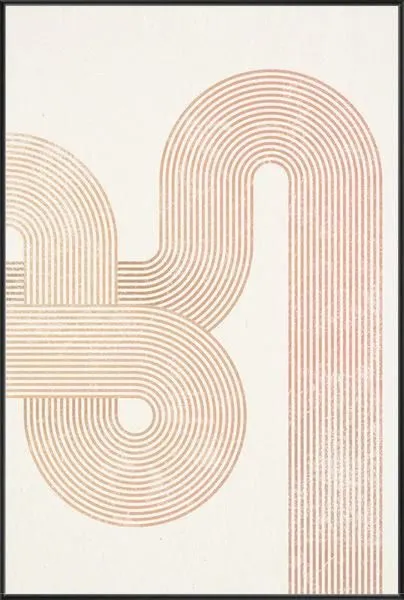 Abstract painting with curved and linear patterns in soft beige and muted terracotta on a white background, framed in black