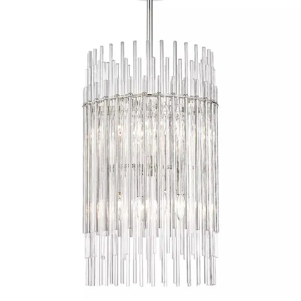 Wallis 8 Light Pendant with layered vertical clear glass and metal rods in a classic drum shape