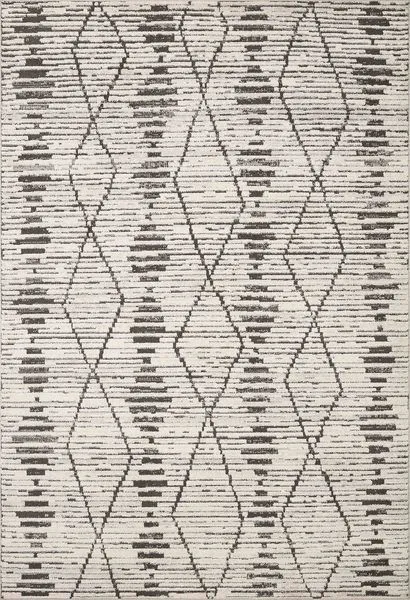 Transitional area rug with charcoal and dove Moroccan-inspired linear diamond and broken checkerboard pattern