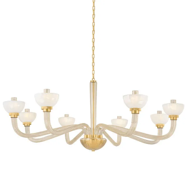 St. Lawrence chandelier with eight curved fluted champagne glass arms and upturned bowl-shaped opal seedy glass shades in ...