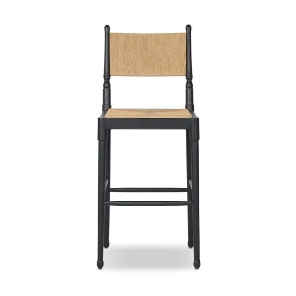 Fayth bar stool with stained black ash wood frame and natural paper cord woven seat and back