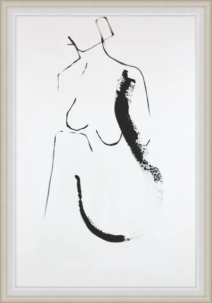 Minimalist painting 'Lady' with bold black brushstrokes outlining a female torso on a white background