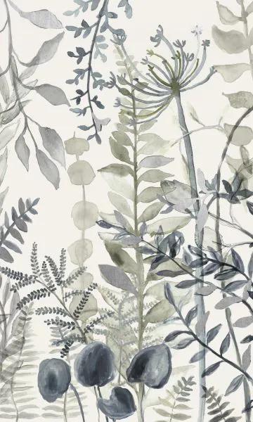 Botanical Garden I painting with delicate blue and green leafy plants and floral silhouettes on a light background