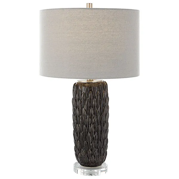 Ceramic table lamp with deep mushroom gray textured carved base, polished nickel details, crystal foot, light gray drum shade