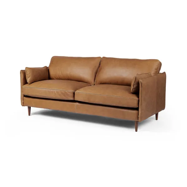 Reese 76" Almond Beech Sofa with two top-grain leather cushions, welted track arms, and tapered almond-finished legs