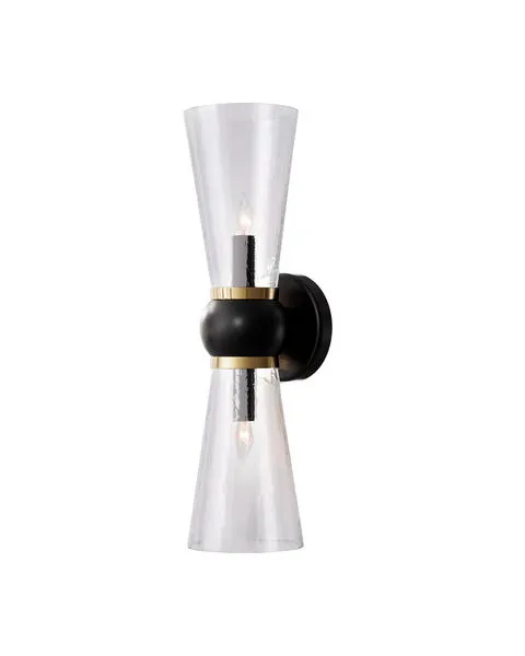 Byford Bath Wall Sconce with conical hammered glass diffusers, black brass body in oil-rubbed bronze finish, and gold accents