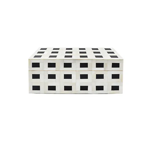 Rectangular Jordon Box in white resin with black square pattern for modern storage solutions