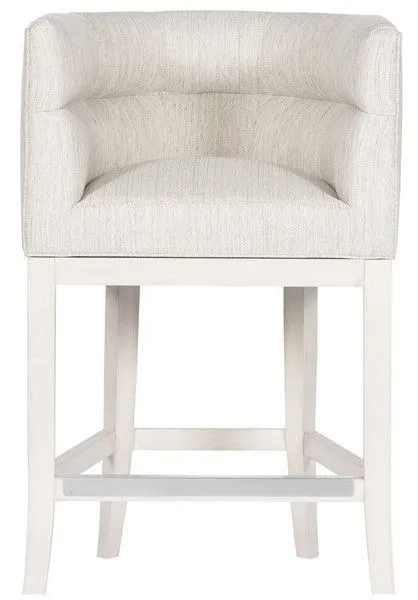 White upholstered Emmett Performance Wood Flare Base Stool with angular seat and flared white wood legs