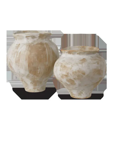 Set of 2 Monte Carlo porcelain vases in antique white and light brown with hand-painted brushstroke texture and organic shape