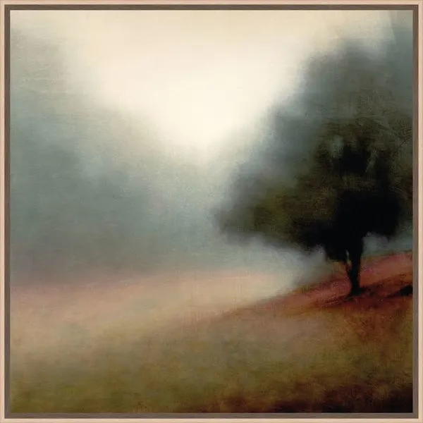 serene misty landscape painting with soft blurred lines, muted greens and browns, featuring a solitary tree on a hill