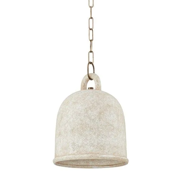 White ceramic large bell-shaped pendant light with heavy textured surface and curved handle on brass chain