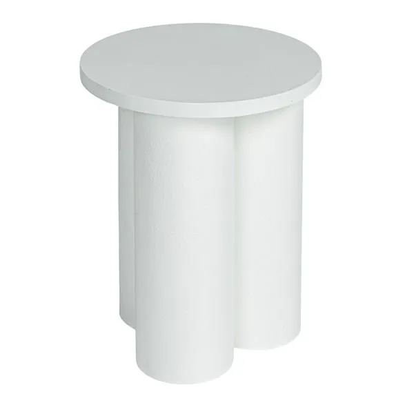 Solstice End Table in white wood with a bold cylindrical sculptural base and smooth round top