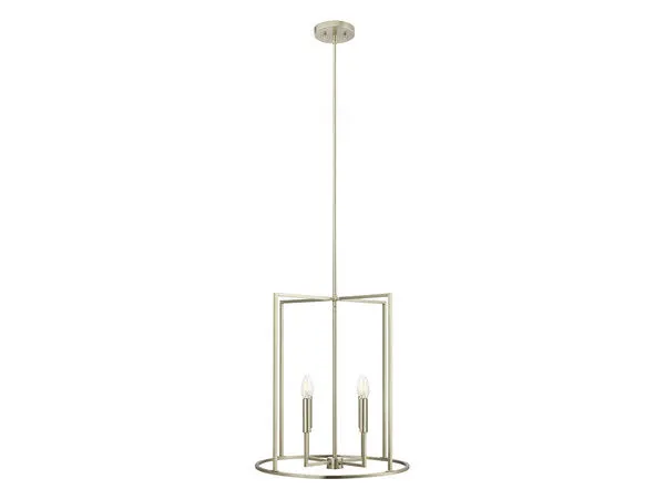 Tall cylindrical 4-light pendant chandelier in brushed nickel with mixed sharp and round angles